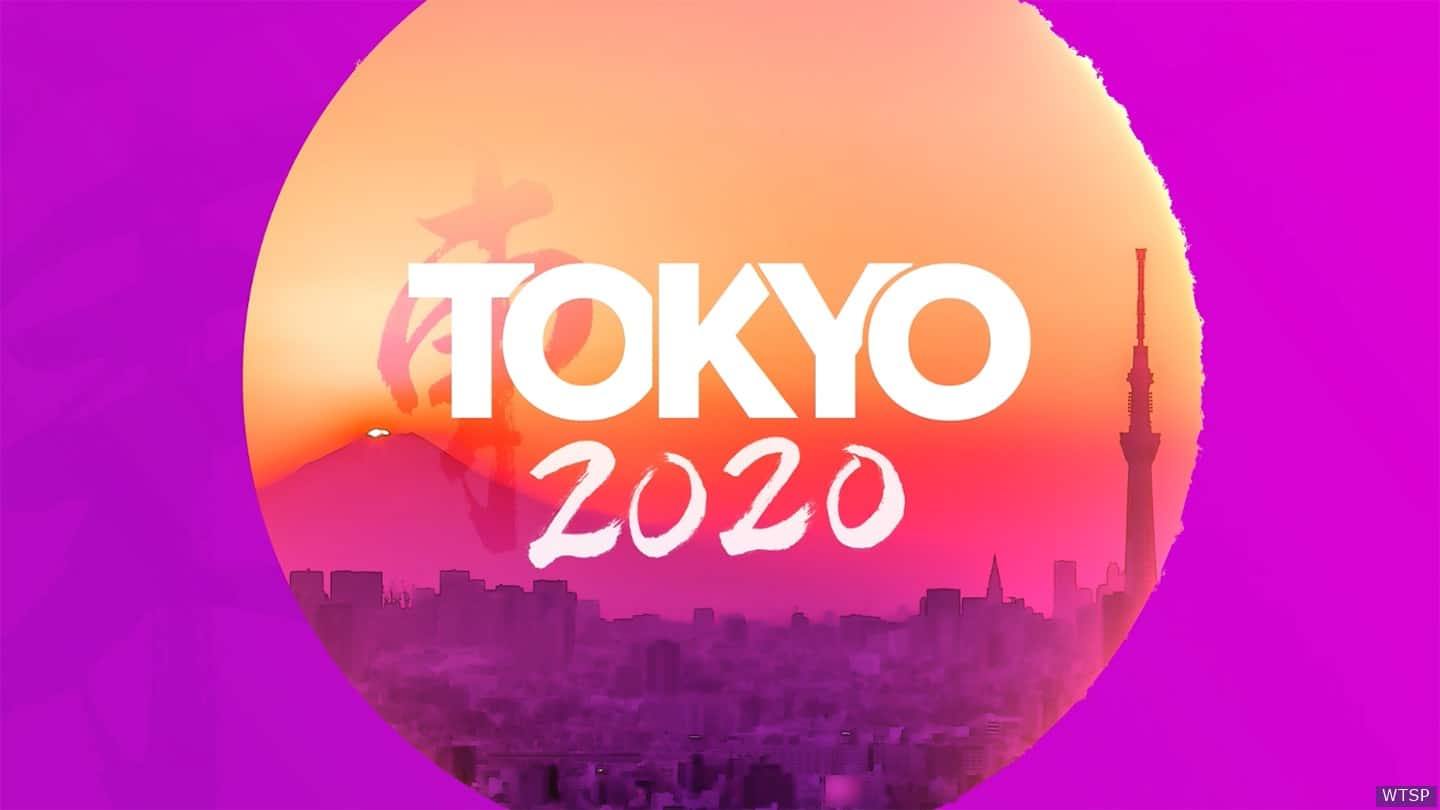 Tokyo 2020 text inside a sun shaped window viewing Tokyo