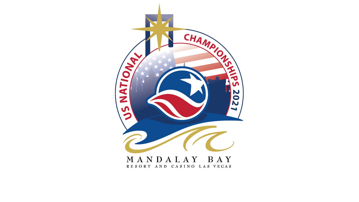 2021 US National Table Tennis Championships Logo - USATT logo surfing on the Mandalay Bay Resort waves logo with an American flag and Las Vegas cityscape background.