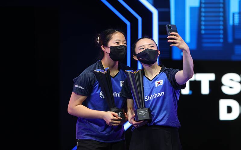 2021/03/13.Women's Doubles - Finals - SHIN Yubin (KOR) and JEON Jihee (KOR) beat ISHIKAWA Kasumi (JPN) and HIRANO Miu (JPN) 3/0 at Doha Star Contender, Lusail Sports Arena, Doha, Qatar.