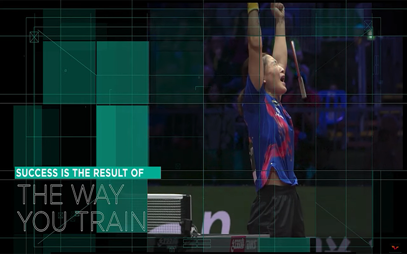 Match winning celebration, hands in the air and dropping paddle