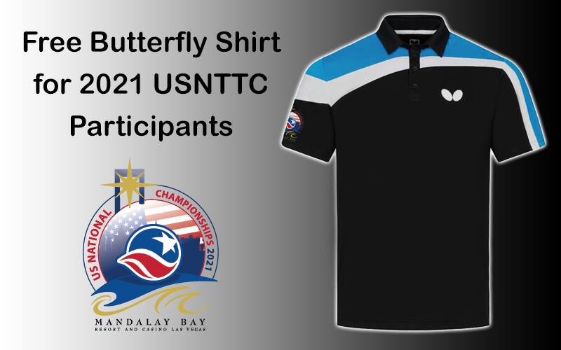 2021 USNTTC Logo, Butterfly collared shirt with 2021 USNTTC sleeve logo. "Free Butterfly Shirt for 2021 USNTTC Participants."