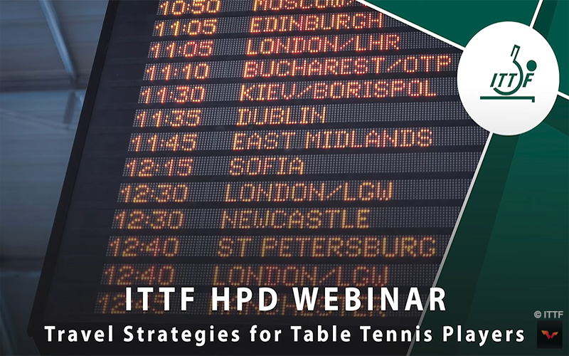 ITTF Logo, travel strategy webinar, and flight schedule board.