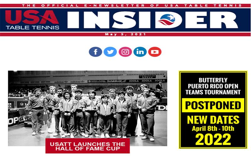 May 5, Insider Cover Ping Pong Hall of Fame Cup photo and Butterfly promo: PR Open postponement notice.