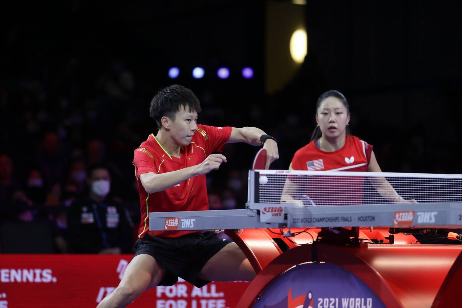 Lily Zhang and Lin Gaoyuan, Mixed Doubles quarterfinals post-match at 2021 Houston World Championship. George R Brown Convention Center, Houston TX.