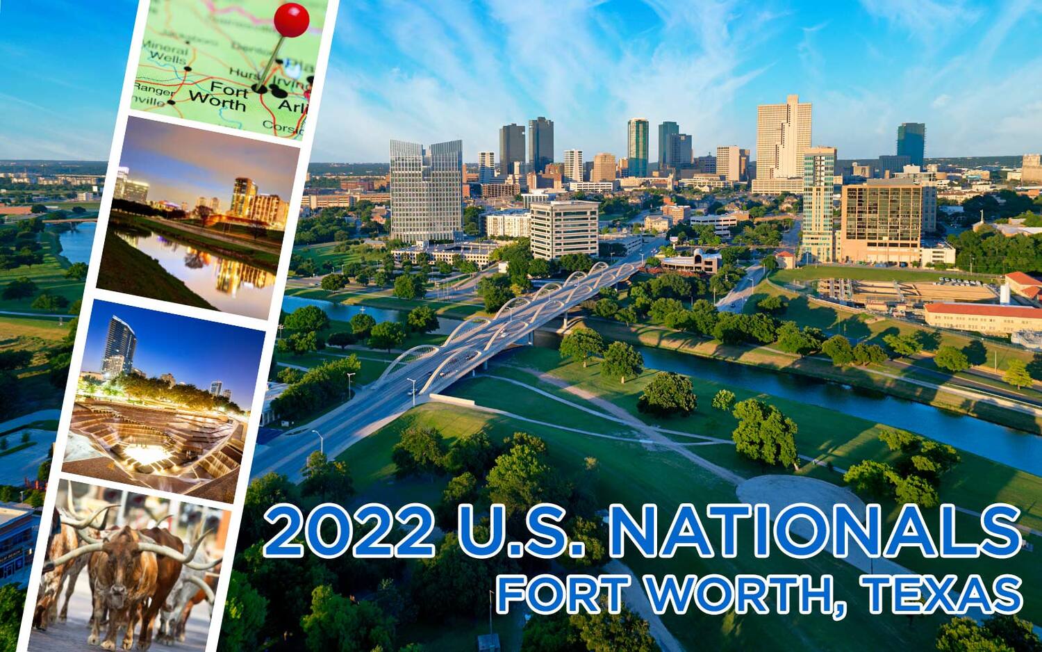 Aerial view of downtown Fort Worth, Texas. Photo strip feature of Fort Worth map pin, city-scapes and bulls.