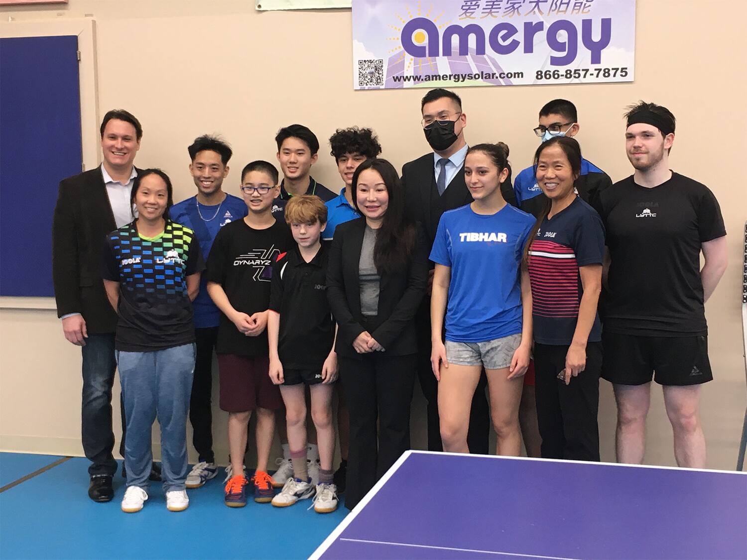 From left to right; Mayor Jason Cilento, Judy Hugh, Joaquin Kanashiro, Marcus Yao, Max Mouchinski, Jayden Zhou, Darius Fahimi; sponsors Angela and Tony; Daria Fahimi, Lily Yip, Sushant Labaka, and Alex Averin. Lily Yip TTC Amergy CupFebruary 2022, Dunellen, NJ.