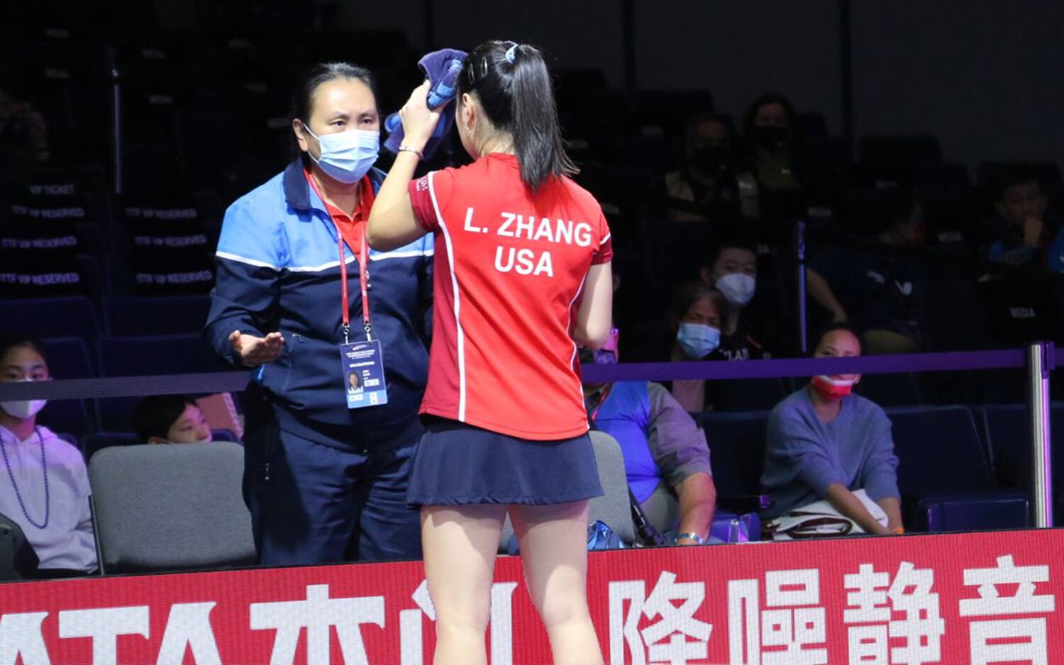 Gao Jun Coaching Lily Zhang at the Houston 2021 World Table Tennis Championships. George R. Brown Convention Center, Houston, TX.