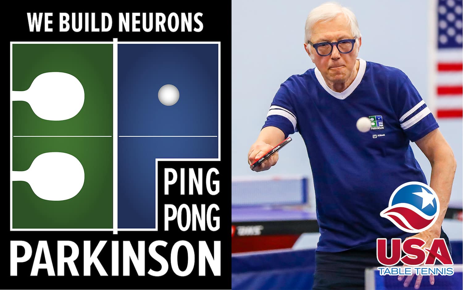Ping Pong Parkinson logo and Nenad Bach playing at the 5th year celebration of PPP at Westchester TTC, Pleasantville New York. (Photo/Warren Rosenberg)