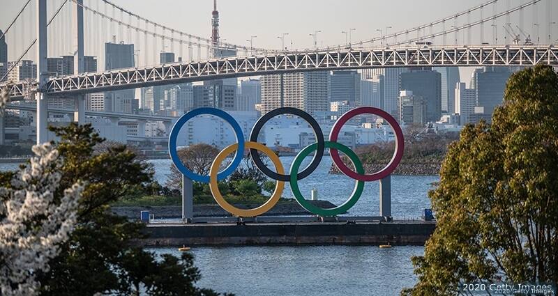 The Tokyo 2020 Olympic rings are displayed on March 25, 2020 in Tokyo.