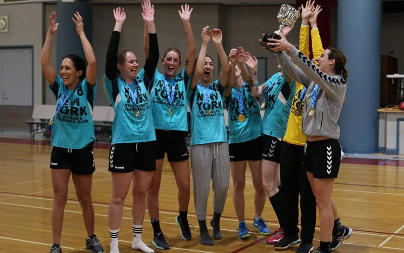 New York Team Handball on the court during the California Cup holding the trophy