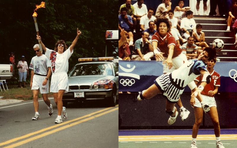 Three-time Olympian Laura Ryan carrying the Olympic torch (left) and in action on the handball court (right)