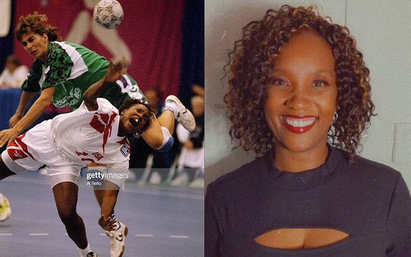 Chryssandra Hires photos: left photo of her in action playing handball, right photo of her in present day.