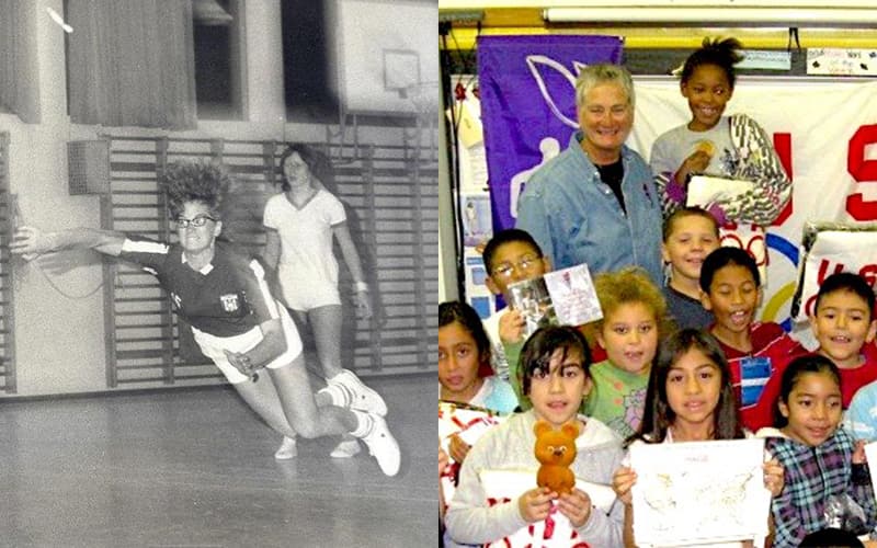Carmen Forest (side by side photos) in action playing handball and in present day with her class