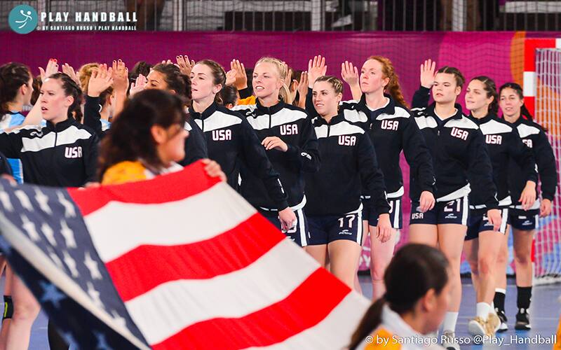 The U.S. Women's National Team greeting an opposing team during the 2019 Pan American Games