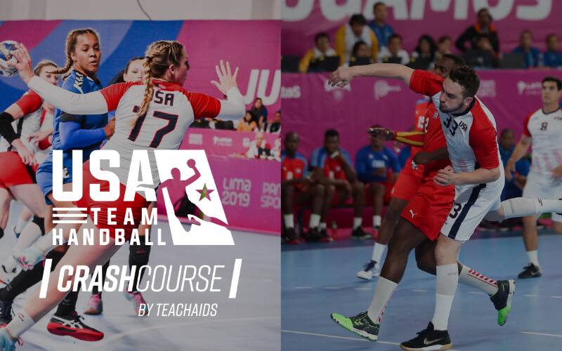 Women's and men's handball players side by side with both CrashCourse and USATH logos on top