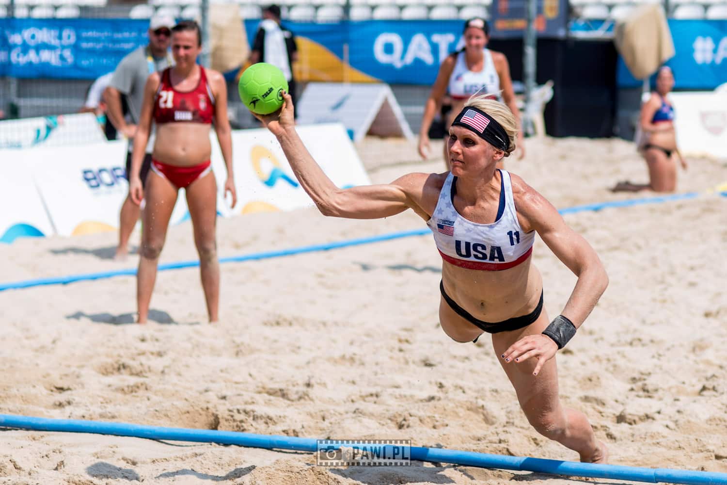 Ashley Van Ryn of the U.S. women's national beach handball team in action at the 2019 ANOC World Beach Games in Doha, Qatar.