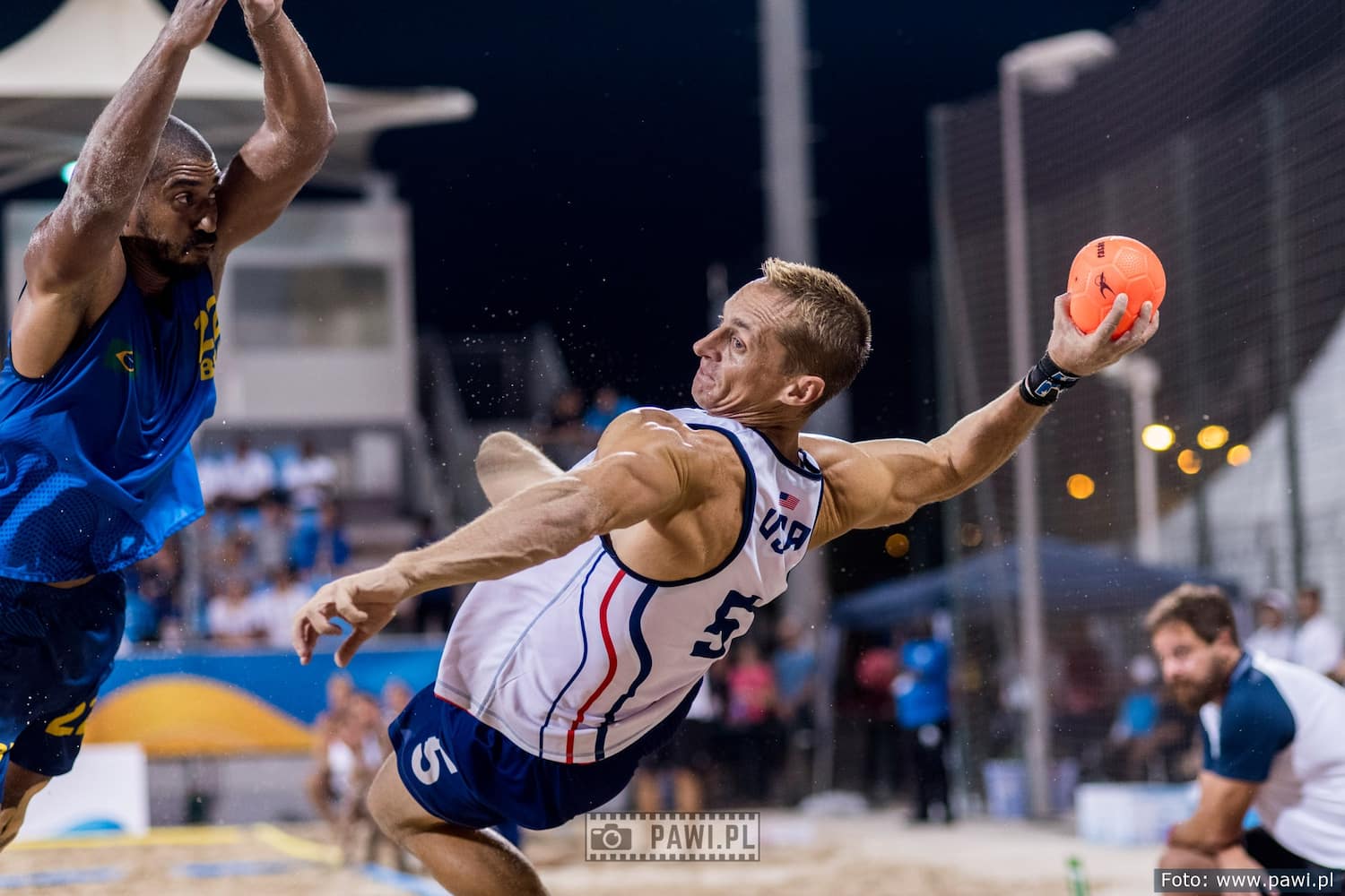 Charlie White of the U.S. men's national beach handball team in action at the 2019 ANOC World Beach Games in Doha, Qatar.