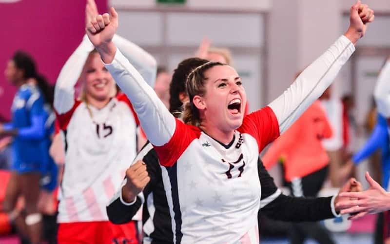 Elizabeth Hartnett of the U.S. women's national team celebrating during a match at the 2019 Pan American Games in Lima, Peru.