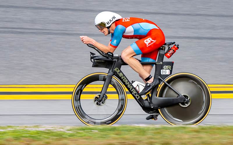 Matt Hanson racing during the bike leg of a race