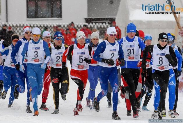 American Rebecca Dussault (#2 in front) led the U.S. to two Winter Triathlon World Championship medals in Austria