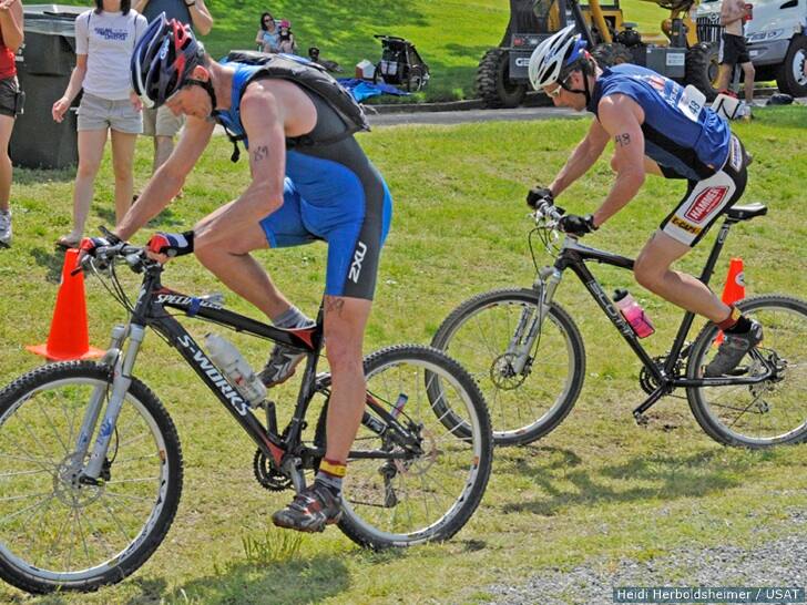 Athletes mount their mountain bikes at the National Duathlon Festival in Richmond