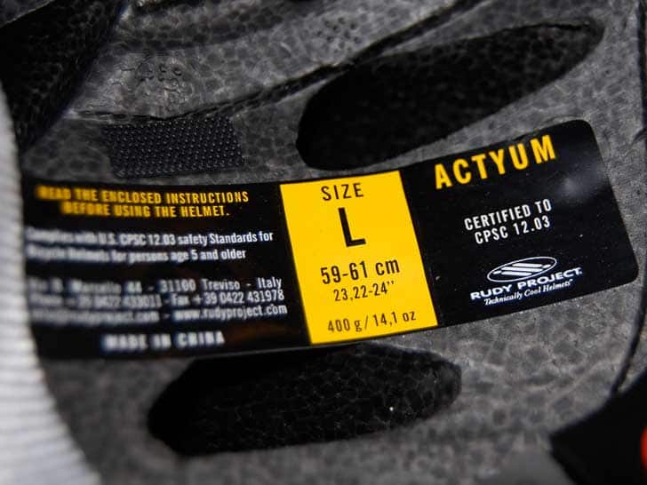 Example of a CPSC sticker in an approved helmet.