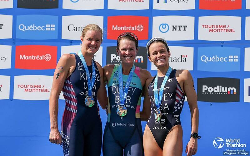 taylor knibb, flora duffy, taylor spivey on the podium together at montreal