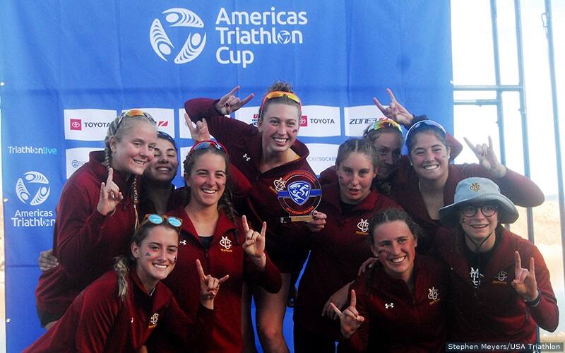 colorado mesa university women's triathlon team poses on podium after winning team title at st george race