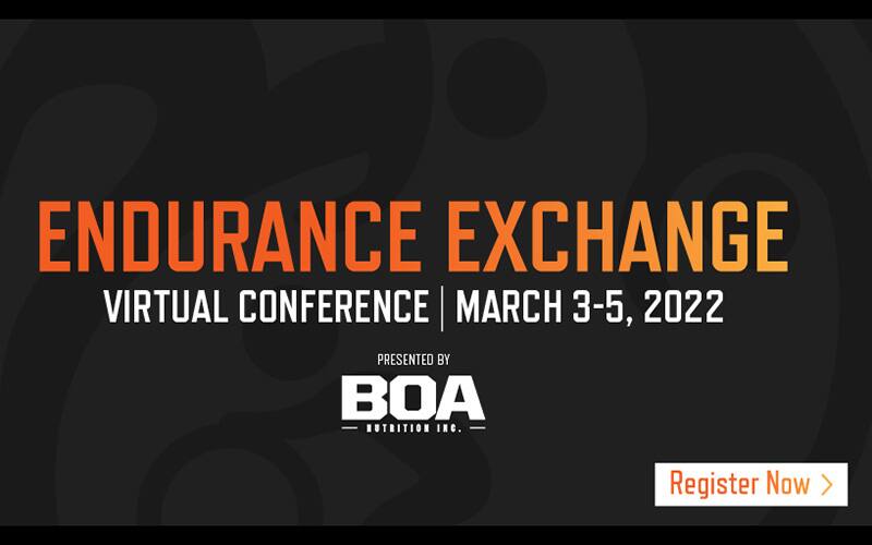 black and orange graphic with text Endurance Exchange virtual conference March 3-5 2022 presented by BOA register now