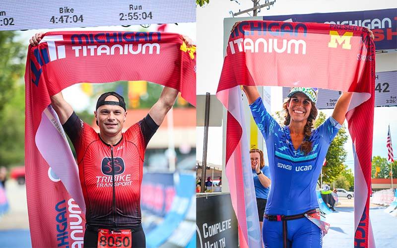 Ryan rau and holly smith hold the finisher's tape at the 2022 ultra distance national championship at Michigan titanium