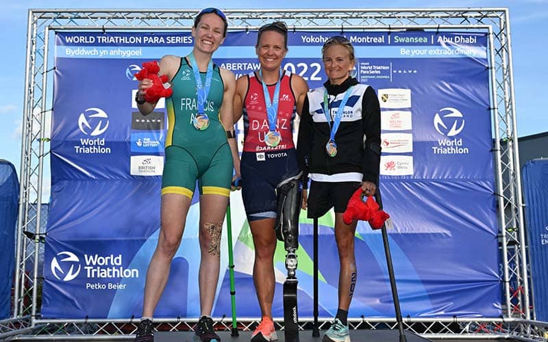 Hailey Danz stands on top of the podium at the Para Series event in Swansea