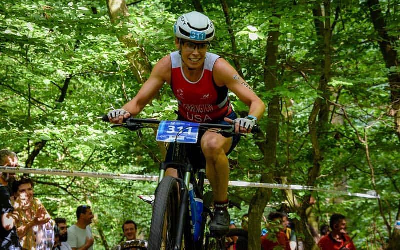 age group athlete Renee Harrington bikes at the cross duathlon world championships in Romania