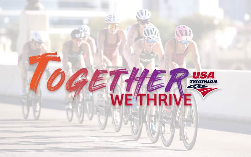 image of collegiate women biking with overlay text over the photo that says Together We Thrive