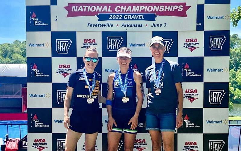 athletes posing in front of the backdrop at the gravel national championships