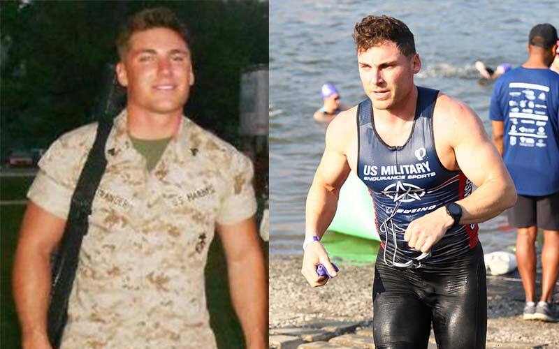 Former US Marine in his military uniform and running a triathlon
