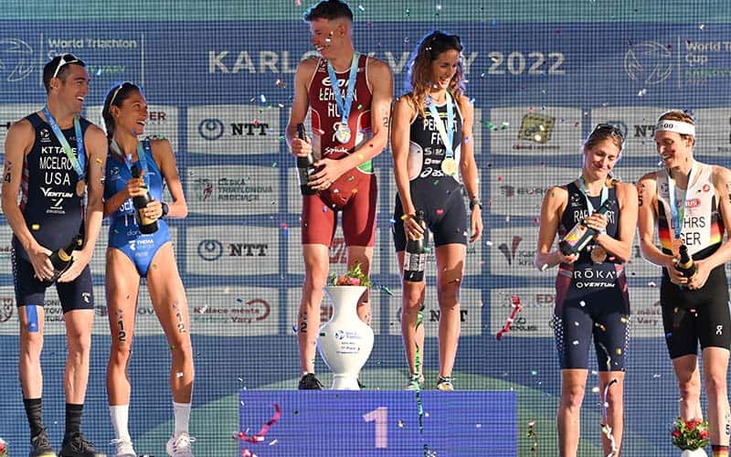 Matt McElroy and Summer Rappaport on the Karlovy Vary Podium