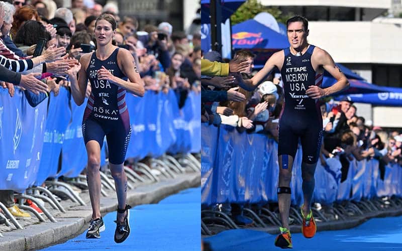Summer Rappaport and Matt McElroy running to the podium at the Karlovy Vary World Cup