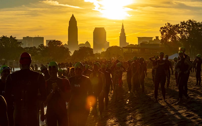 Athletes gathering at the swim start