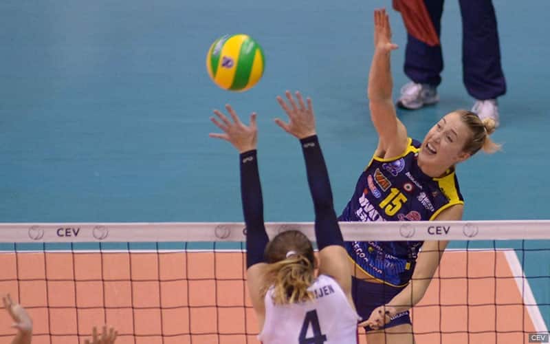 Kim Hill attacks during European Champions League third-round action