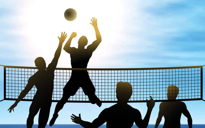 Cartoon of four men playing beach volleyball