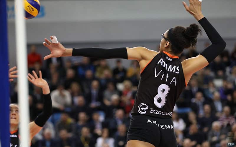 Rachael Adams attacking during the 2018 CEV Cup Finals