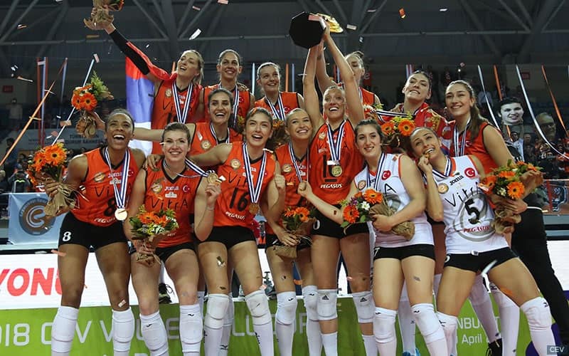 Jordan Larson (middle holding trophy) and Rachael Adams (bottom left) celebrate winning CEV Cup with Eczacibasi