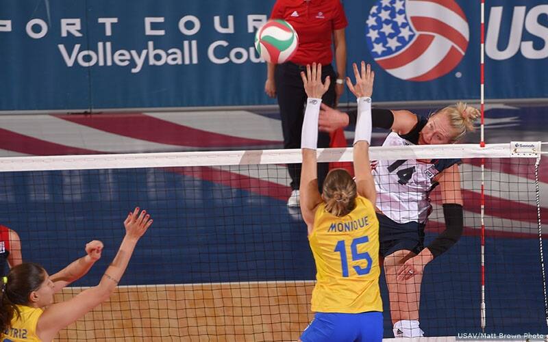 Michelle Bartsch-Hackley attacking during the 2017 USA Volleyball Cup matches versus Brazil