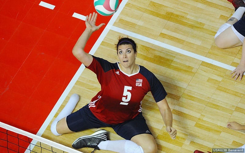 Sitting player Katie Holloway attacks the ball