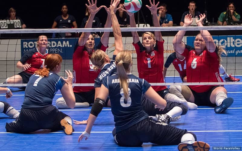 The U.S. Women's Sitting Team blocks against Russia