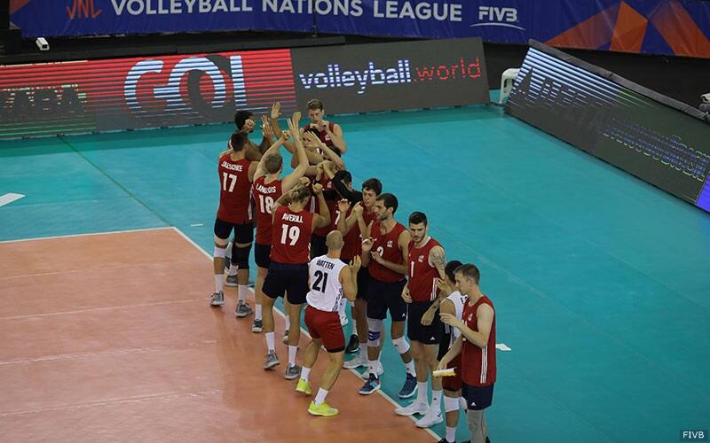 The U.S. Men's National Team slaps hands before the match