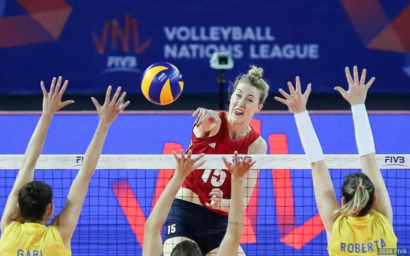 Kim Hill hits through the Brazil block