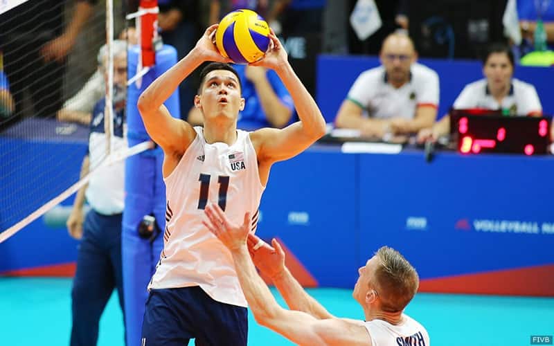 Micah Christenson sets in a match against France