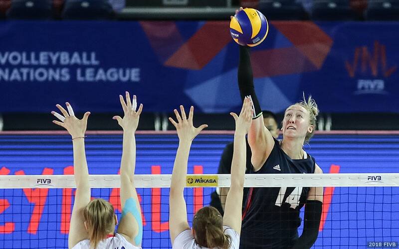 Michelle Bartsch-Hackley attacking during FIVB Volleyball Nations League preliminary round