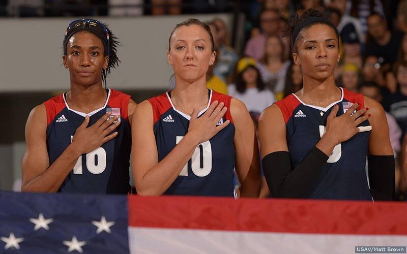 Foluke Akinradewo, Jordan Larson and Rachael Adams during the National Anthem